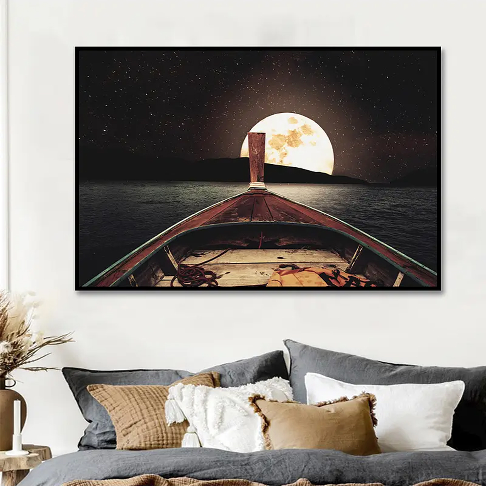 Quadro Decorativo Paisagem Luar com Moldura Caixa de 3cm de Profundidade, na posição Horizontal, ideal para ambiente de Sala, Quarto e Hall de Entrada