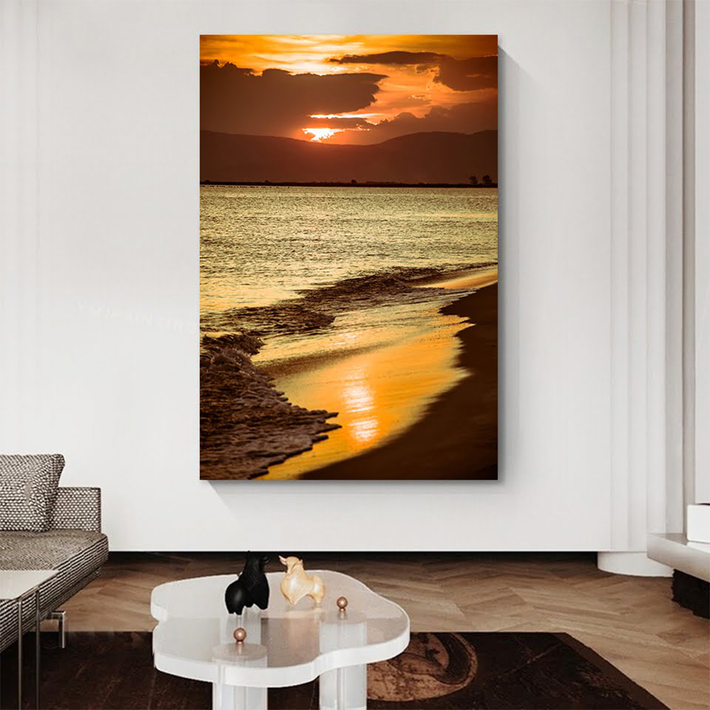 Quadro Decorativo Paisagem Praia Por do Sol, Tela em Canvas na Vertical ideal para ambiente de Sala de estar, jantar, reuniões, Quarto e Hall de entrada