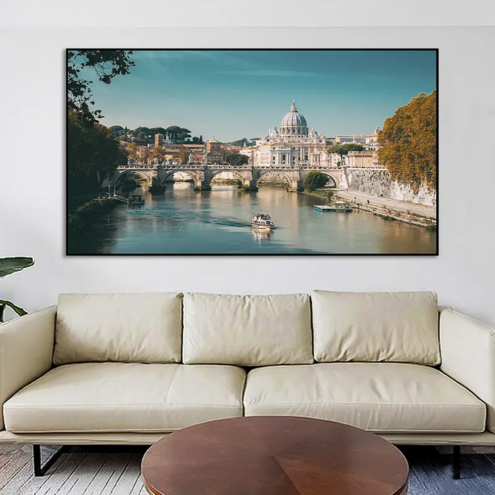 Quadro Decorativo Paisagem Roma com Moldura Caixa de 3cm de Profundidade, na posição Horizontal, ideal para ambiente de Sala, Quarto e Hall de Entrada