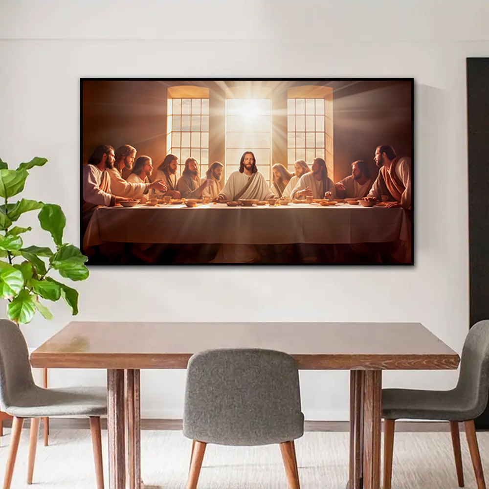 Quadro Decorativo Religião Santa Ceia com Moldura Caixa de 3cm de Profundidade, na posição Horizontal, Ideal para ambiente de Sala, Quarto e Hall de Entrada