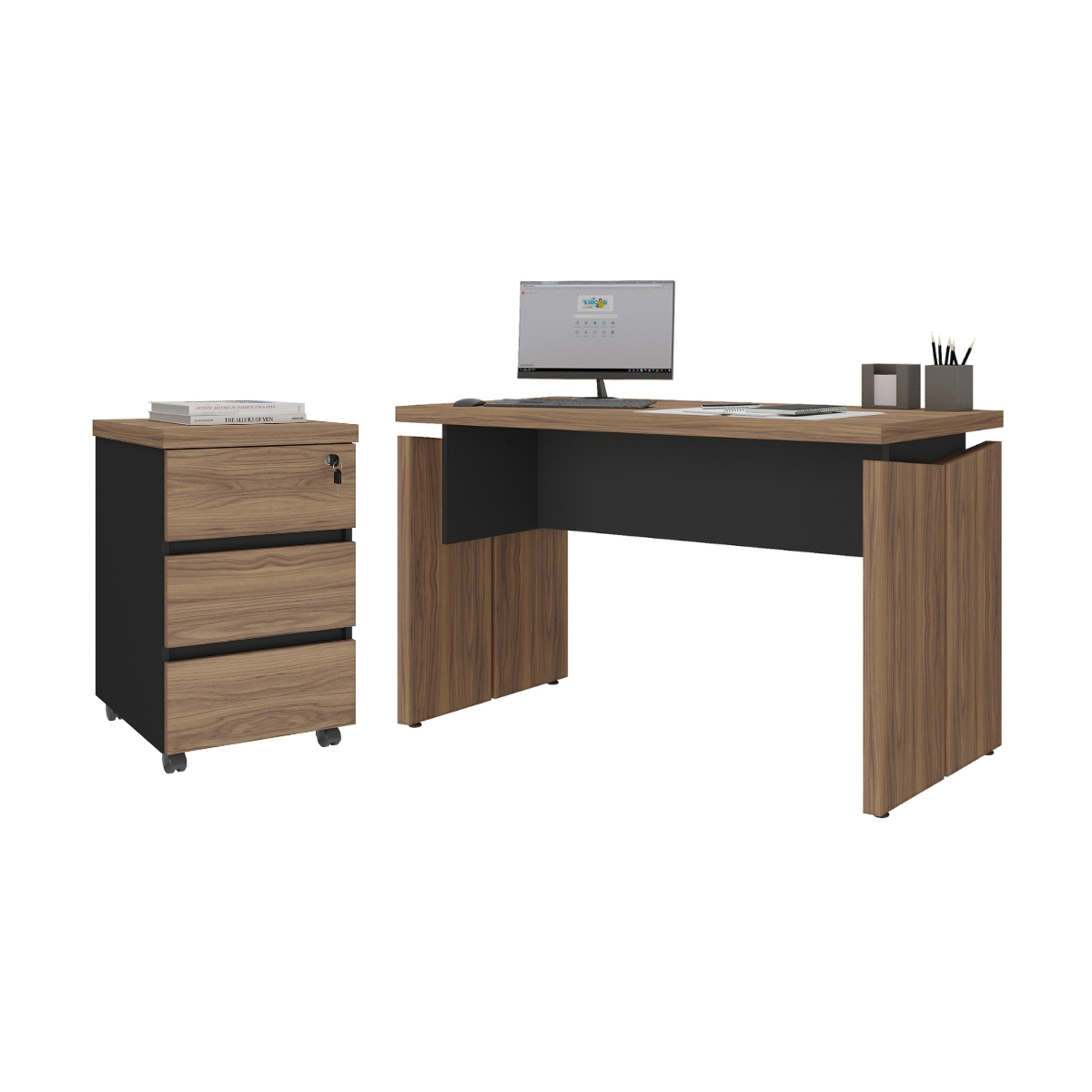  Mesa para Escritório e Gaveteiro Araçu Nogal Preto
