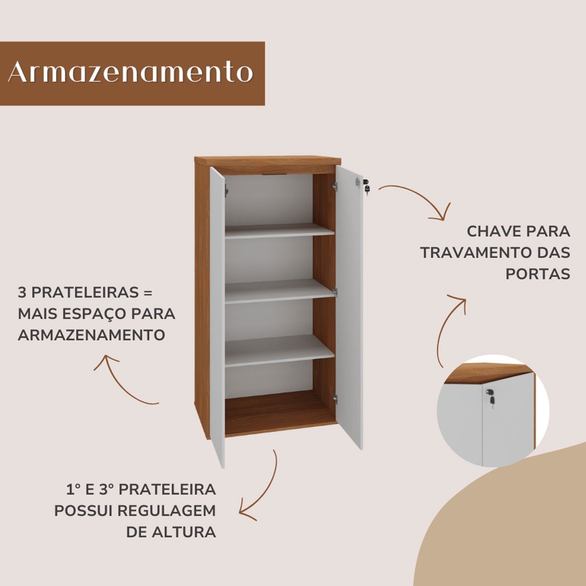 Armário para Escritório 2 Portas com Chave 3 Prateleiras Branco/Freijó