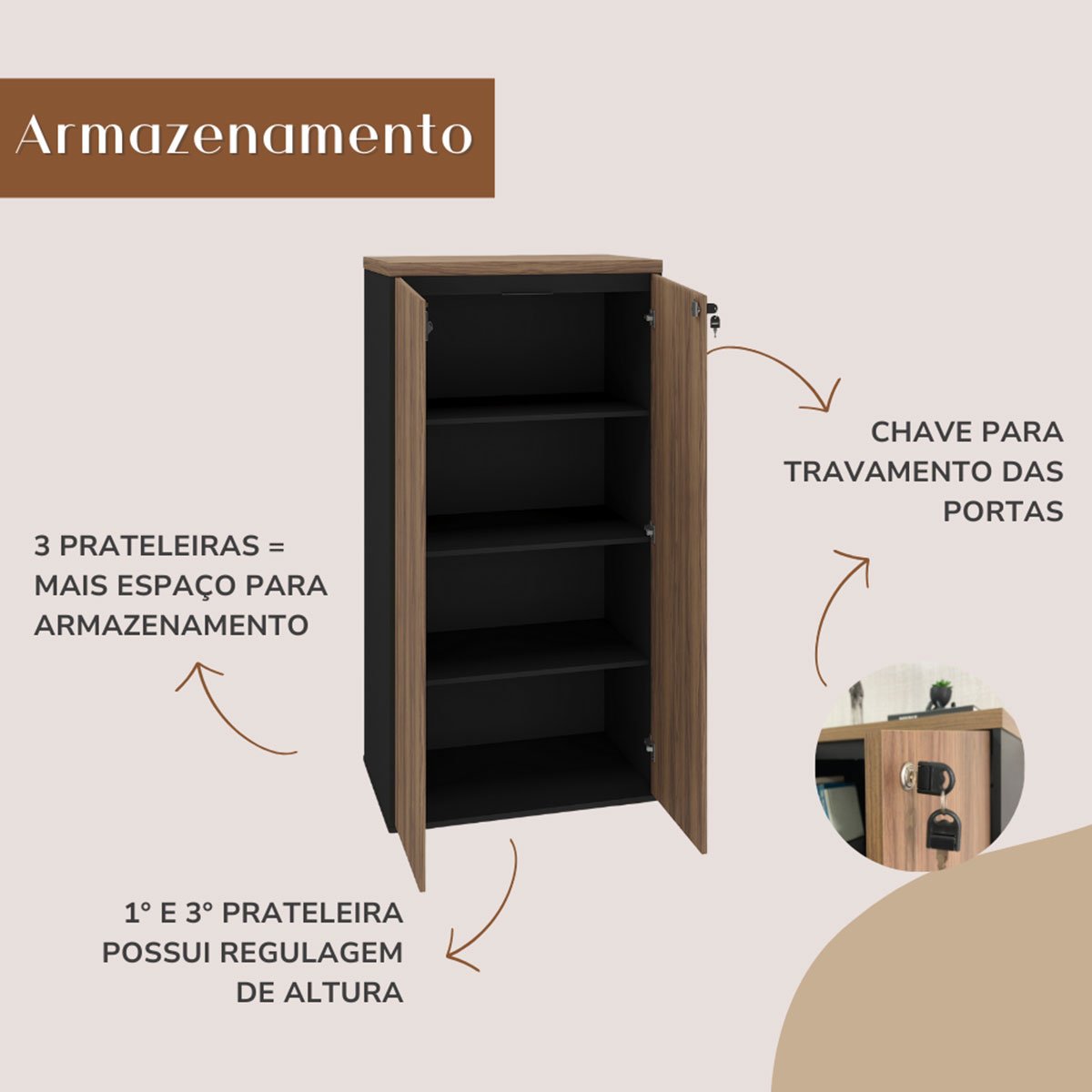 Armário para Escritório 2 Portas com Chave 3 Prateleiras Nogal/Preto