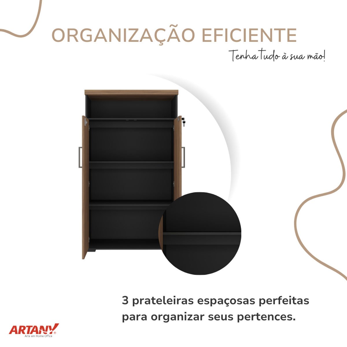 Armário para Escritório 2 Portas com Chave e Nicho  Nogal/Preto