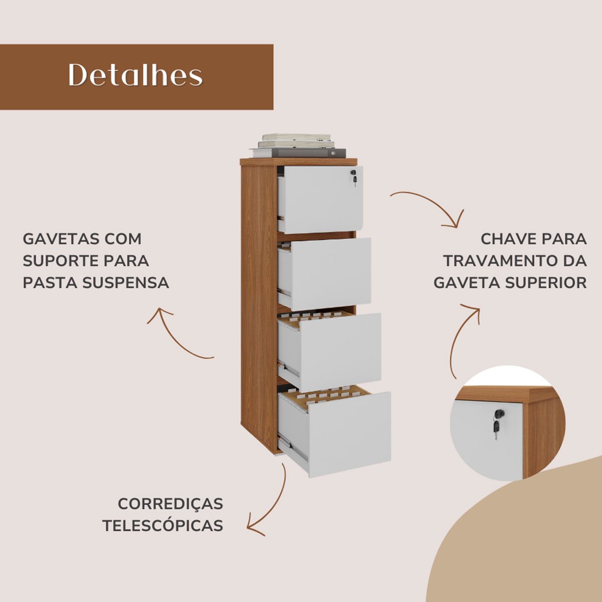 Armário para Escritório com 4 Gavetas e Chave Arquivo Freijó/Branco