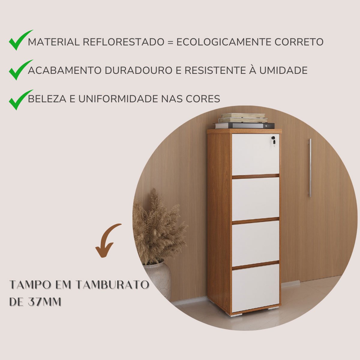 Armário para Escritório com 4 Gavetas e Chave Arquivo Freijó/Branco