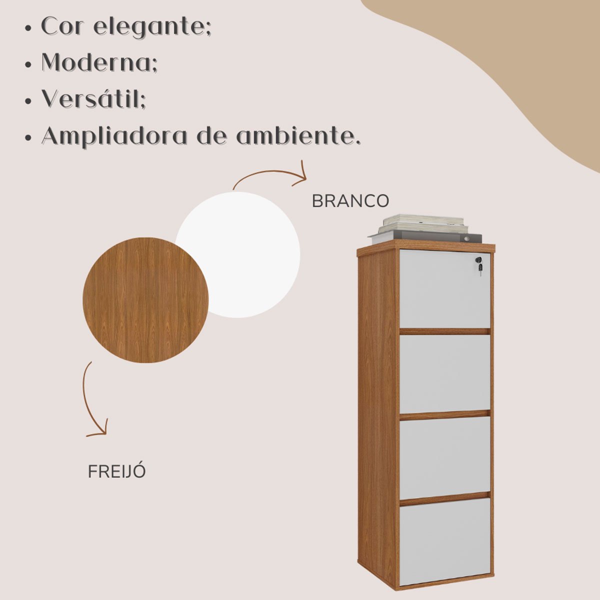 Armário para Escritório com 4 Gavetas e Chave Arquivo Freijó/Branco