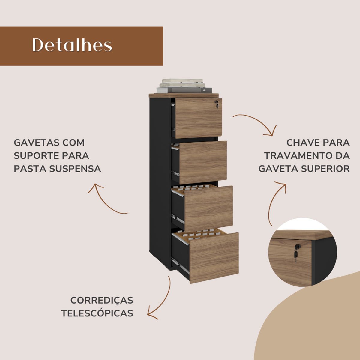 Armário para Escritório com 4 Gavetas e Chave Arquivo Nogal/Preto