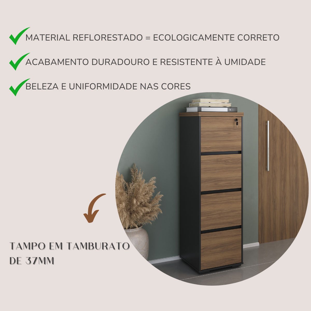 Armário para Escritório com 4 Gavetas e Chave Arquivo Nogal/Preto