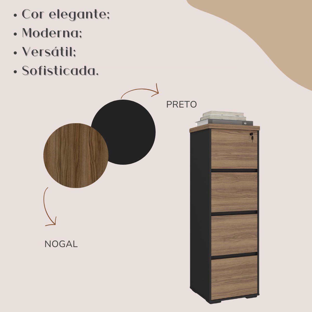 Armário para Escritório com 4 Gavetas e Chave Arquivo Nogal/Preto