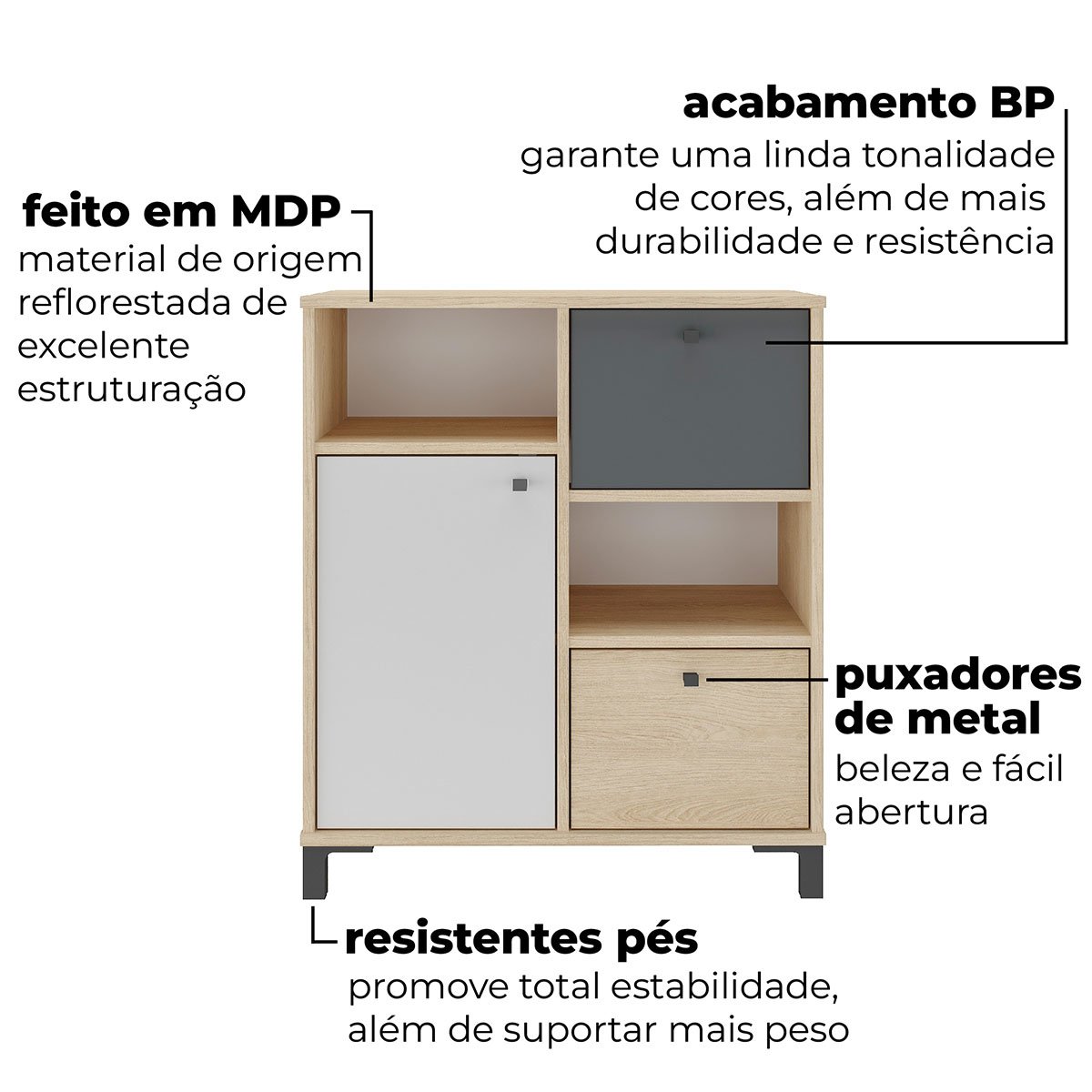 Balcão para Escritório 2 Gavetas 1 Porta e 2 Nichos Erick Carvalho/Branco/Grafito