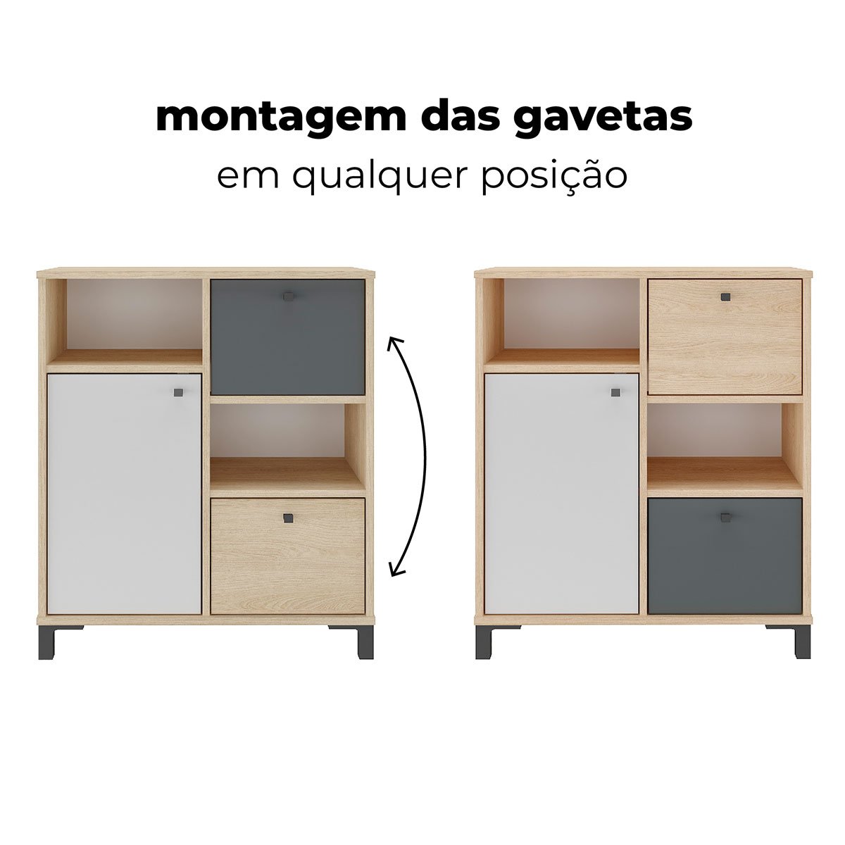 Balcão para Escritório 2 Gavetas 1 Porta e 2 Nichos Erick Carvalho/Branco/Grafito