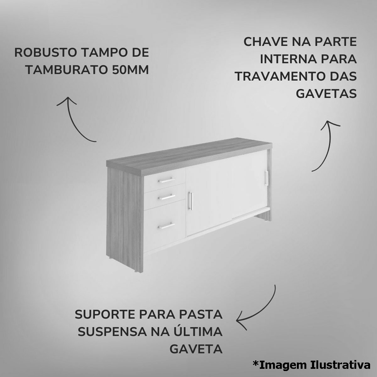 Balcão para Escritório 2 Portas 3 Gavetas com Chave Grande Nogal/Preto