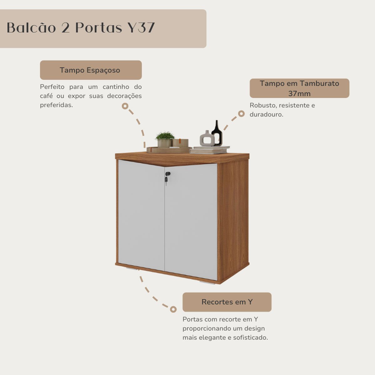 Balcão para Escritório 2 Portas com Chave Pequeno Freijó/Branco