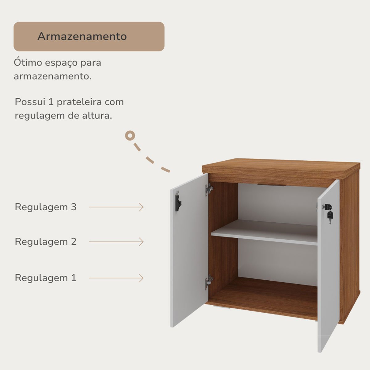 Balcão para Escritório 2 Portas com Chave Pequeno Freijó/Branco
