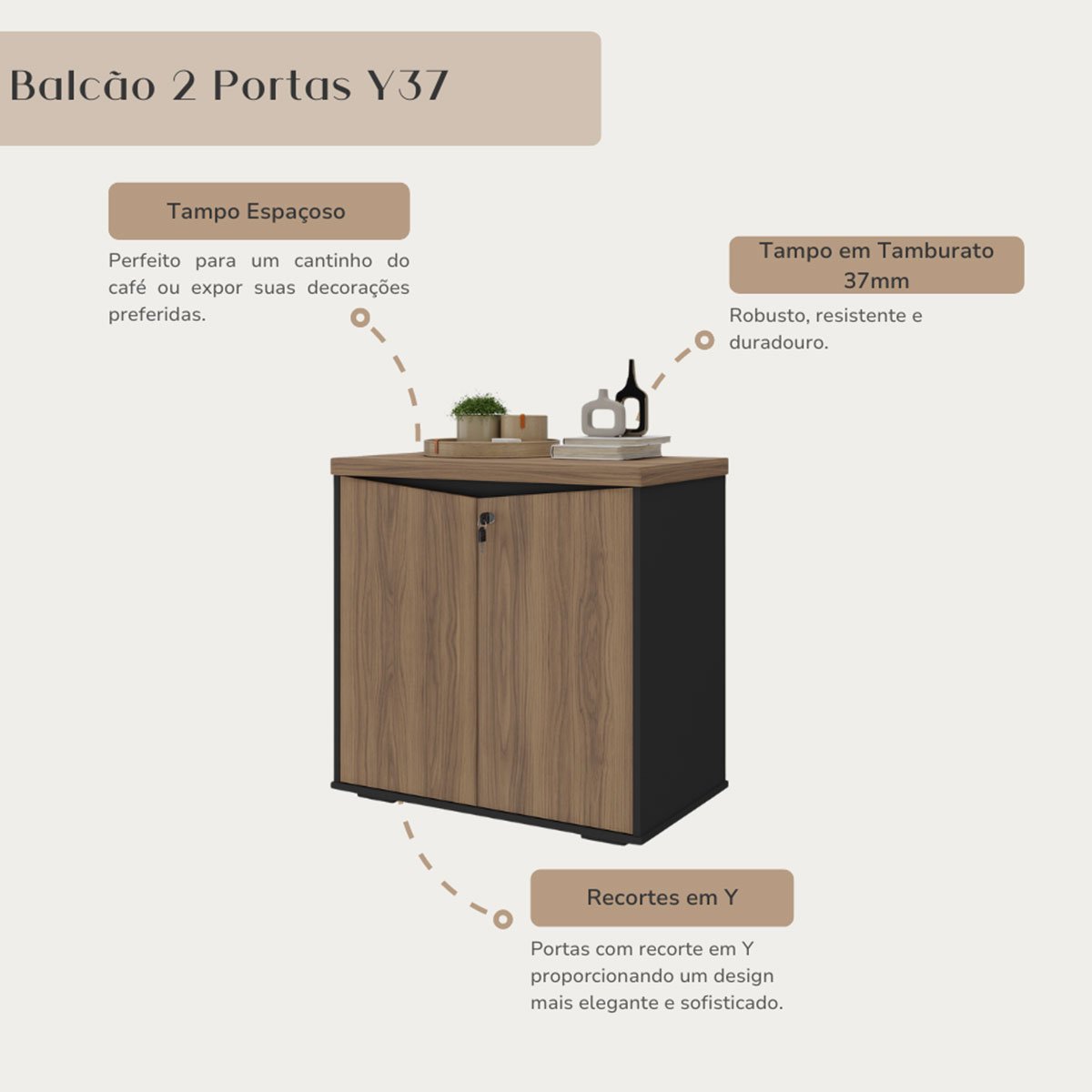 Balcão para Escritório 2 Portas com Chave Pequeno Nogal/Preto