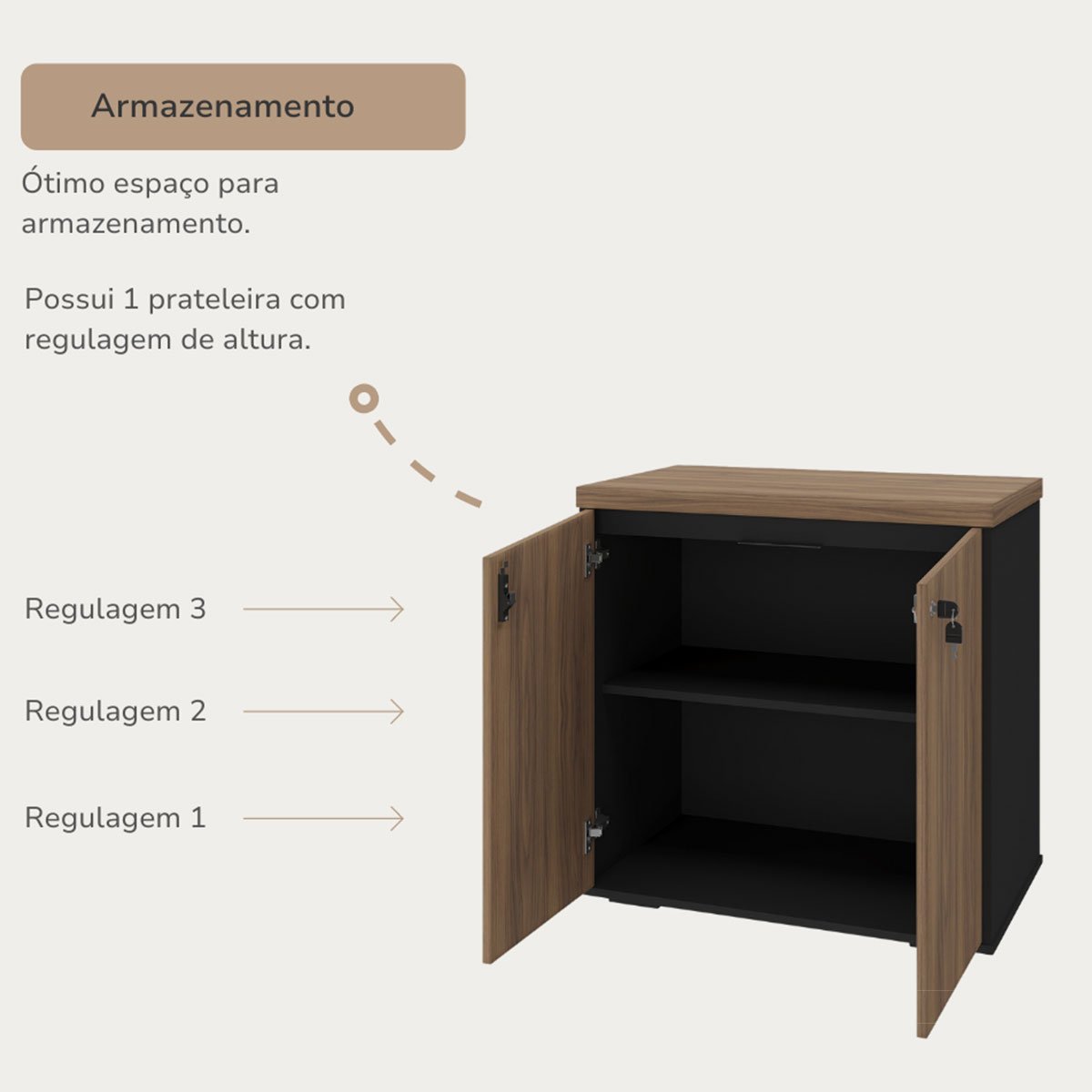 Balcão para Escritório 2 Portas com Chave Pequeno Nogal/Preto