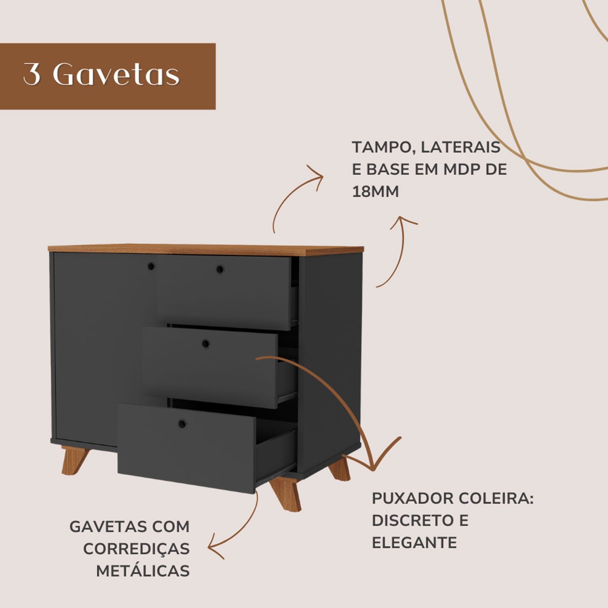 Balcão para Escritório 3 Gavetas 1 Porta Luciano Freijó/Preto