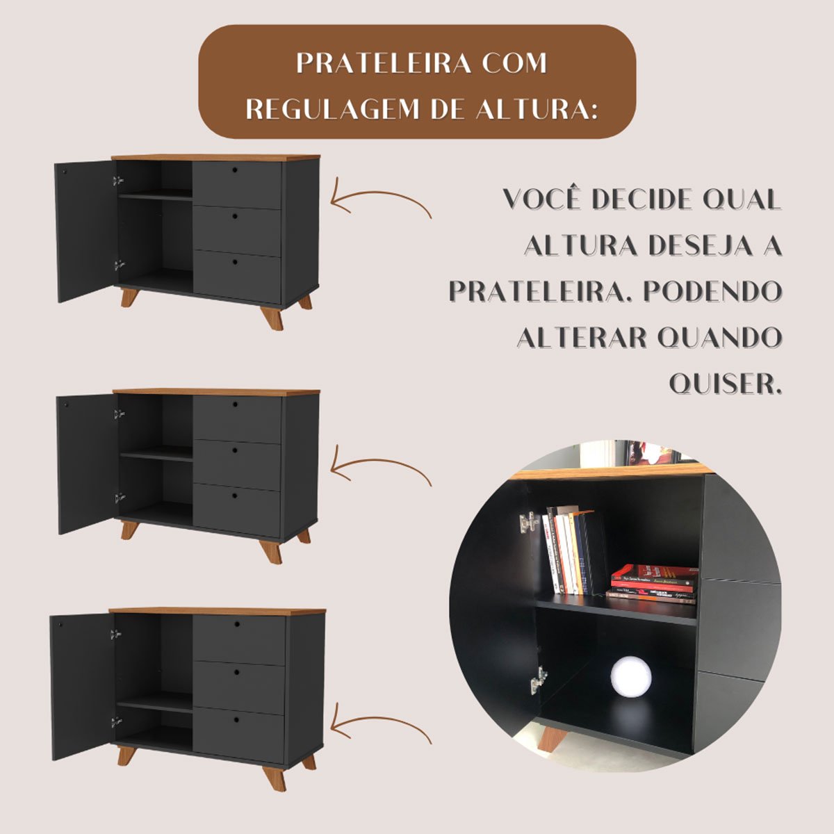 Balcão para Escritório 3 Gavetas 1 Porta Luciano Freijó/Preto