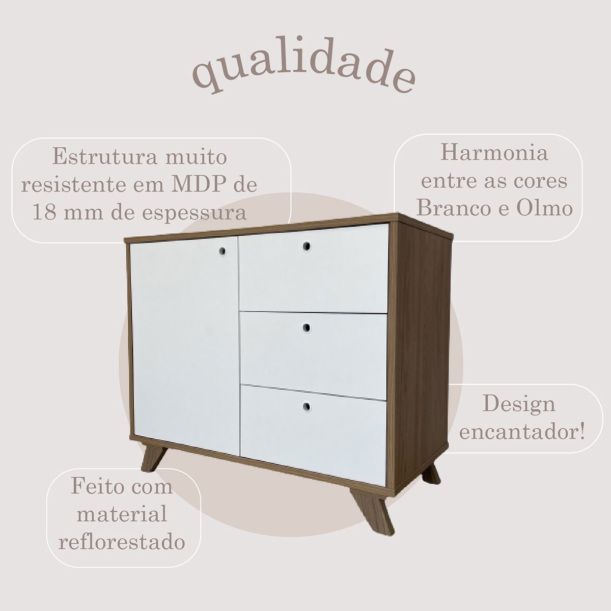 Balcão para Escritório 3 Gavetas 1 Porta Luciano Olmo/Branco