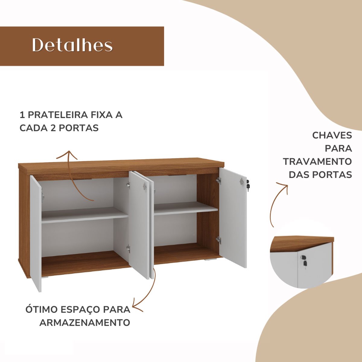 Balcão para Escritório 4 Portas com Chave 2 Prateleiras Freijó/Branco