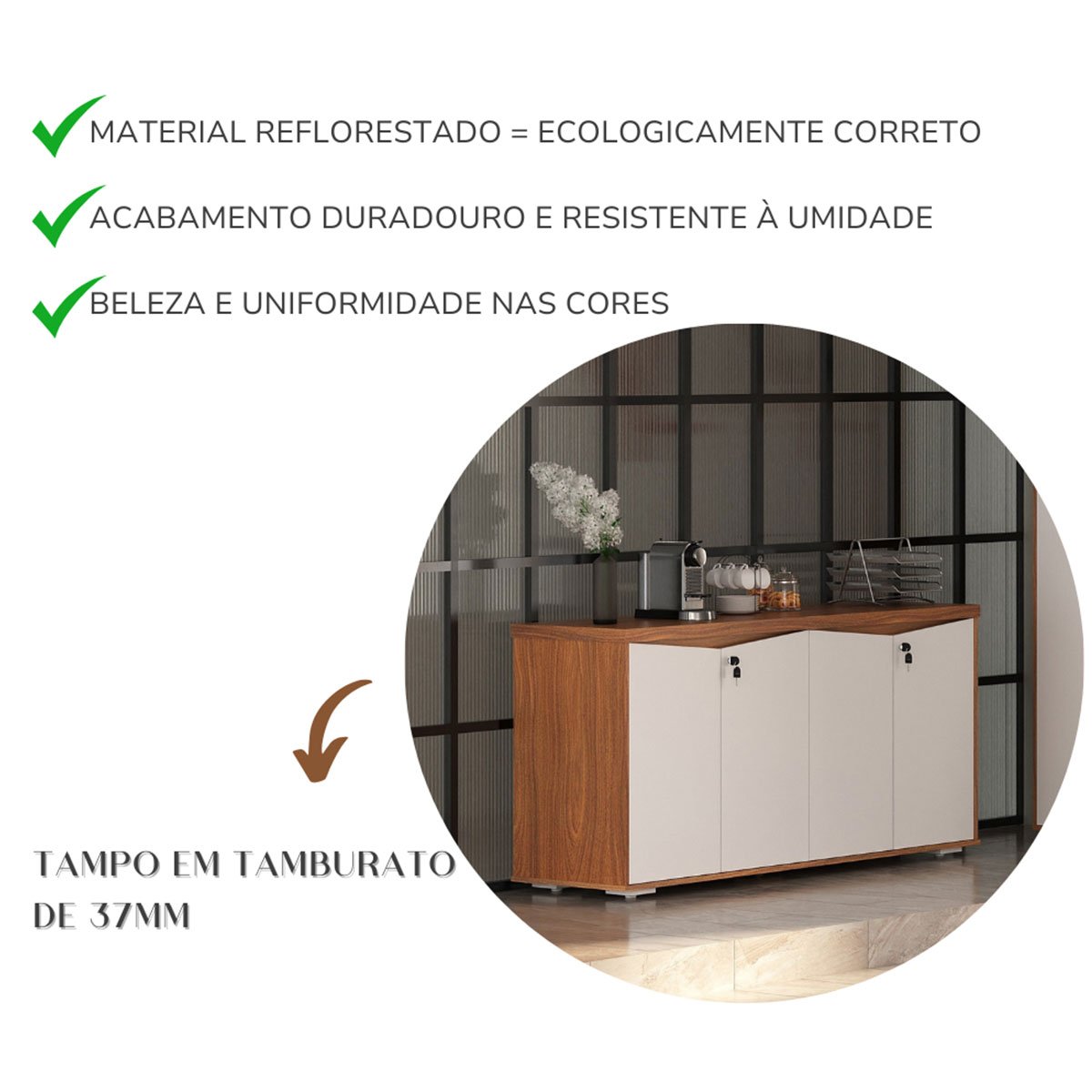 Balcão para Escritório 4 Portas com Chave 2 Prateleiras Freijó/Branco