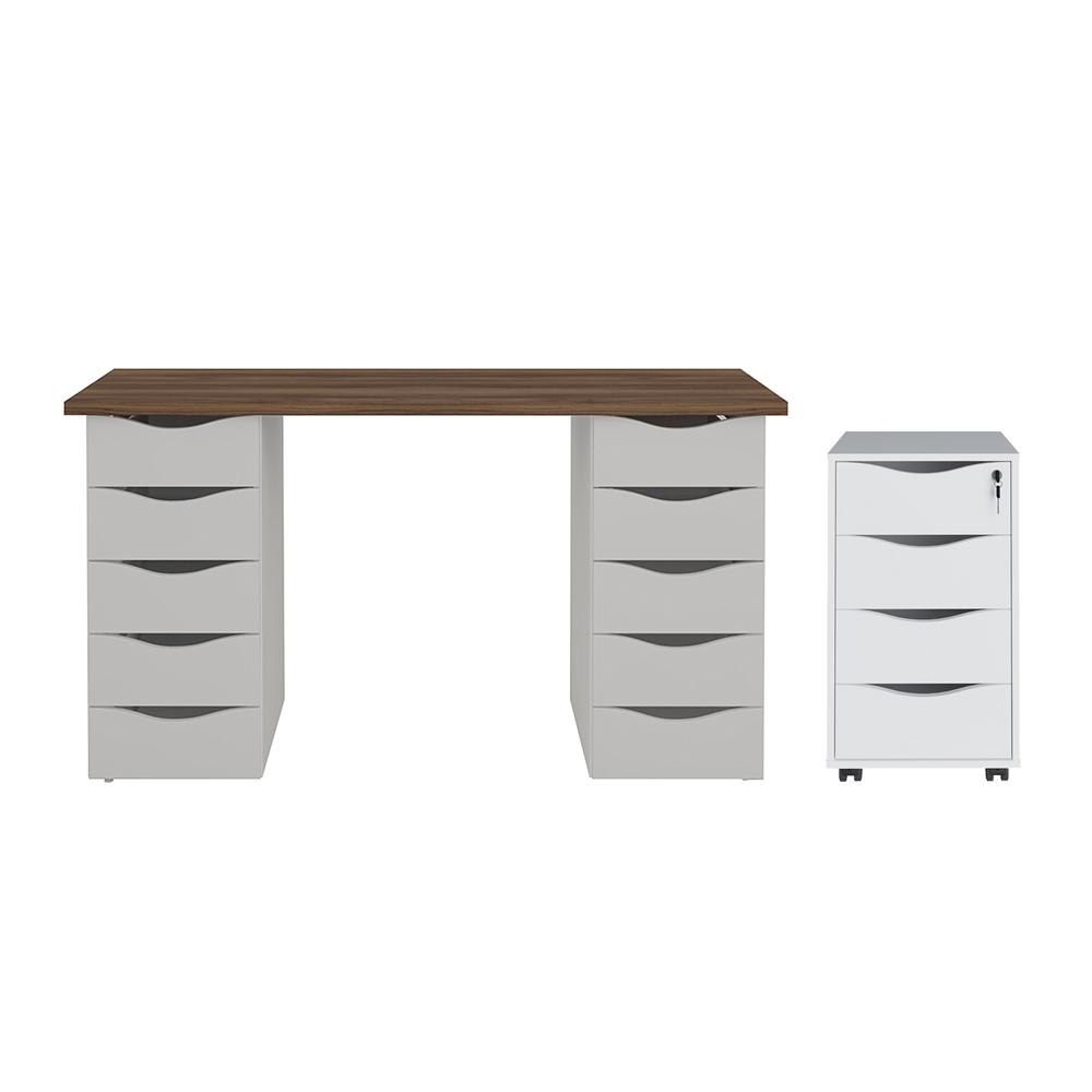 Conjunto Escrivaninha e Gaveteiro Erfurt Nogal Branco