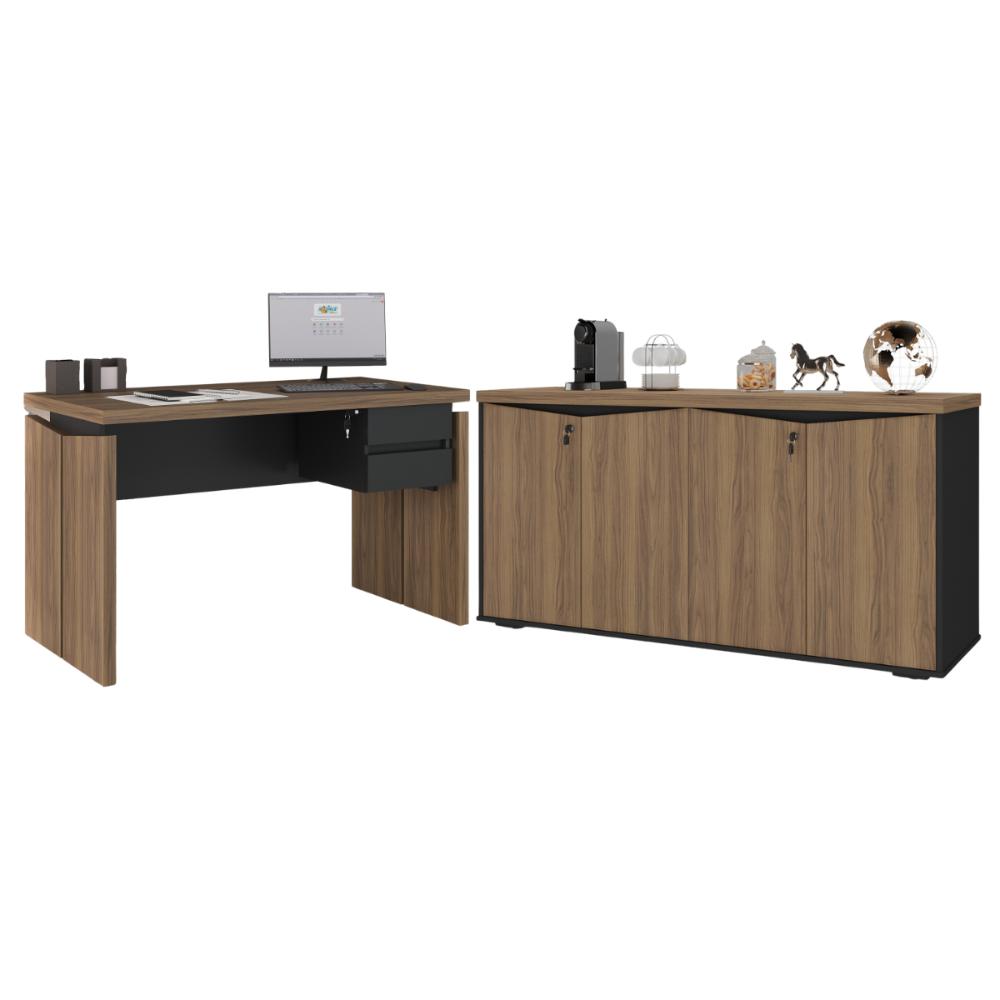 Conjunto Home Office Completo Áustria Nogal Preto