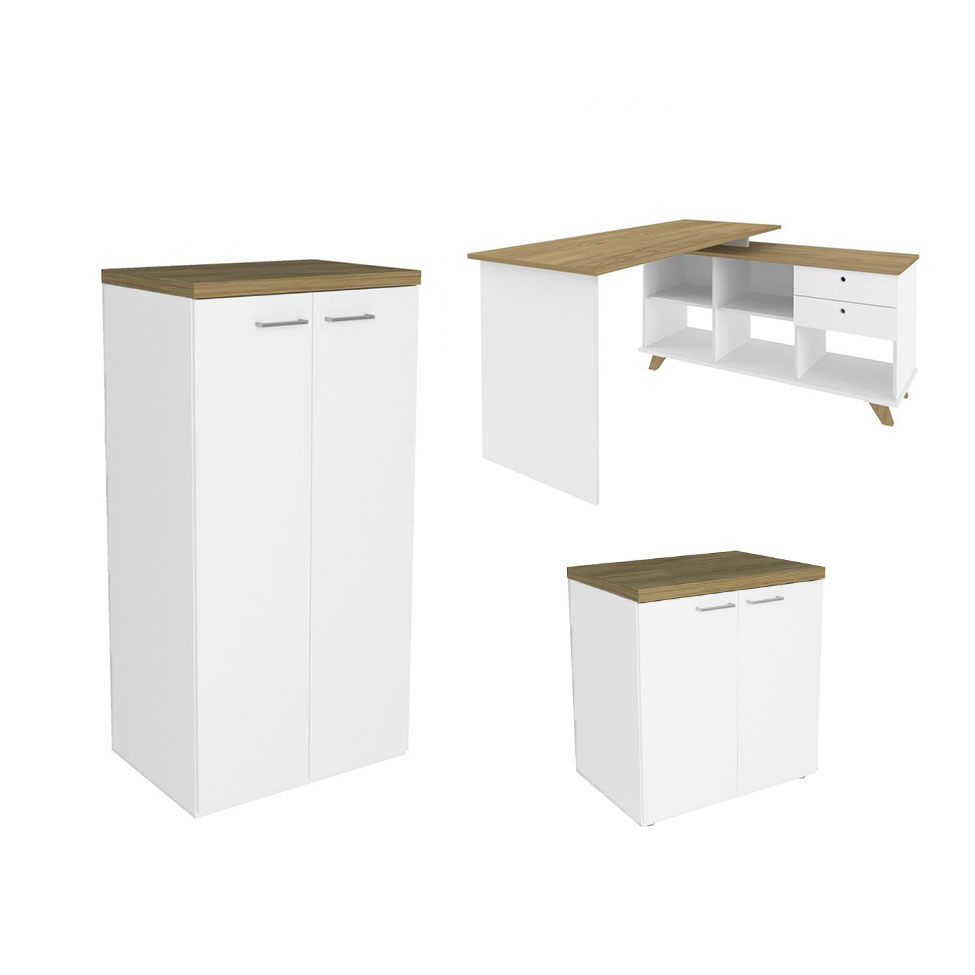Conjunto de Escrivaninha com 2 Armários de Escritório Gold Toq 4 PT 2 GV Branco e Olmo