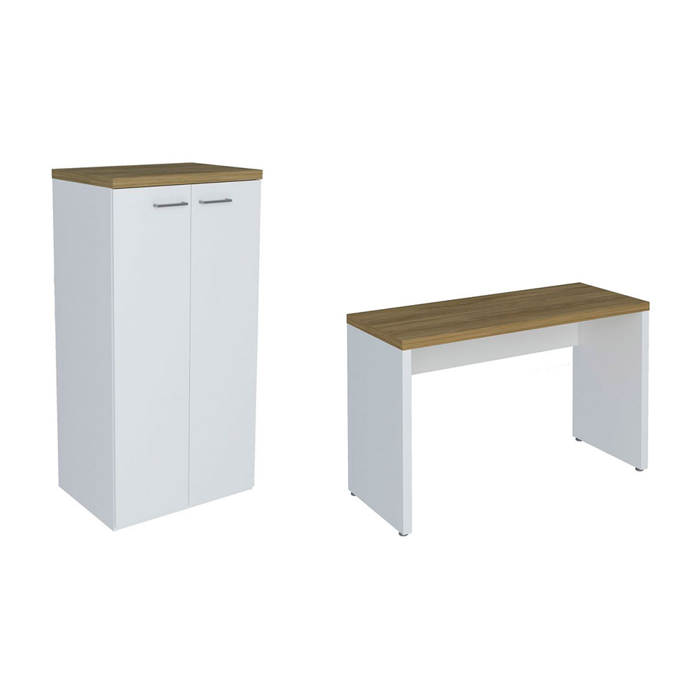 Conjunto de Escrivaninha com Armário de Escritório Toq 2 PT Branco e Olmo 140 cm