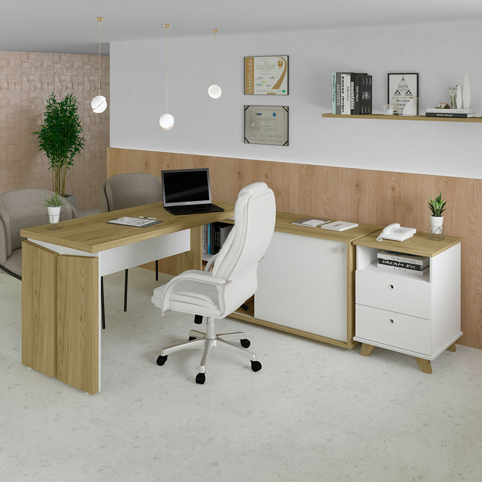 Conjunto de Escrivaninha com Gaveteiro Smart Day 1 PT 2 GV Branco e Olmo