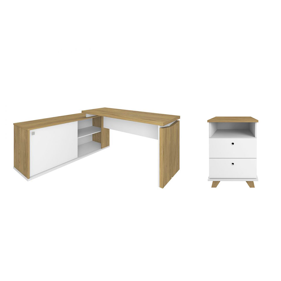 Conjunto de Escrivaninha com Gaveteiro Smart Day 1 PT 2 GV Branco e Olmo