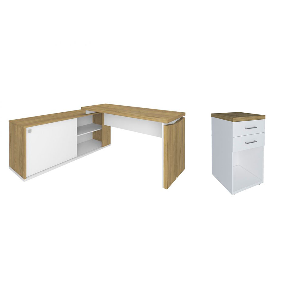 Conjunto de Escrivaninha com Gaveteiro Smart Toq 1 PT 2 GV Branco e Olmo