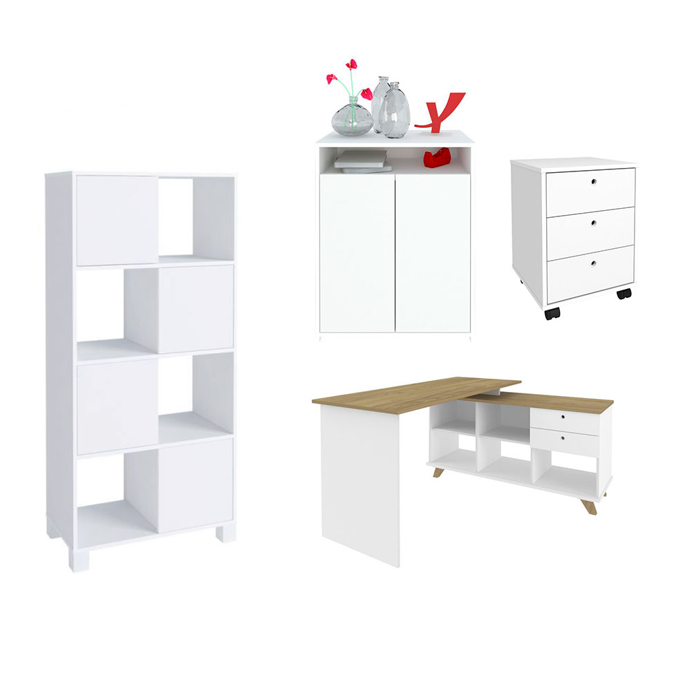 Conjunto de Escrivaninha com Gaveteiro, Estante e Armário de Escritório Wally Gold Cool 6 PT 5 GV Branco e Olmo