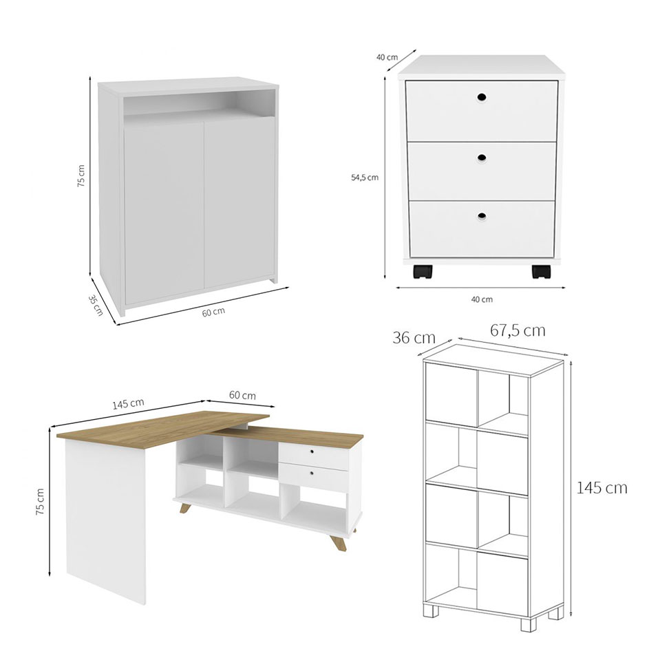 Conjunto de Escrivaninha com Gaveteiro, Estante e Armário de Escritório Wally Gold Cool 6 PT 5 GV Branco e Olmo