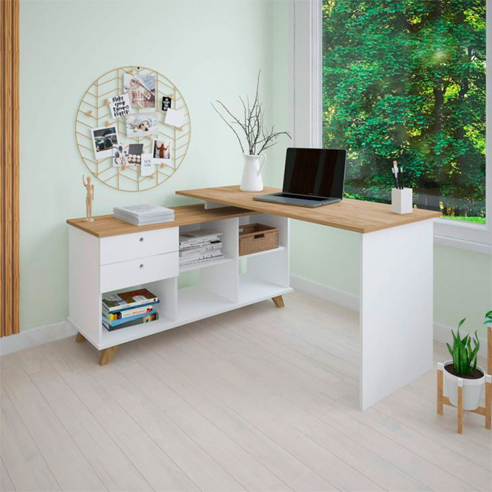 Conjunto de Escrivaninha com Gaveteiro, Estante e Armário de Escritório Wally Gold Cool 6 PT 5 GV Branco e Olmo