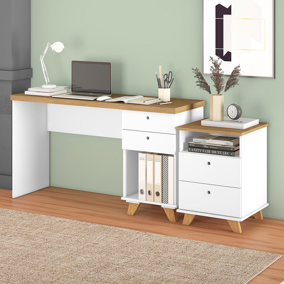 Conjunto de Escrivaninha e Gaveteiro 4 GV Sky Day Olmo e Branco