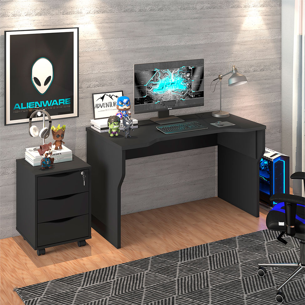 Conjunto de Mesa Gamer e Gaveteiro 3 GV Two Face Preto