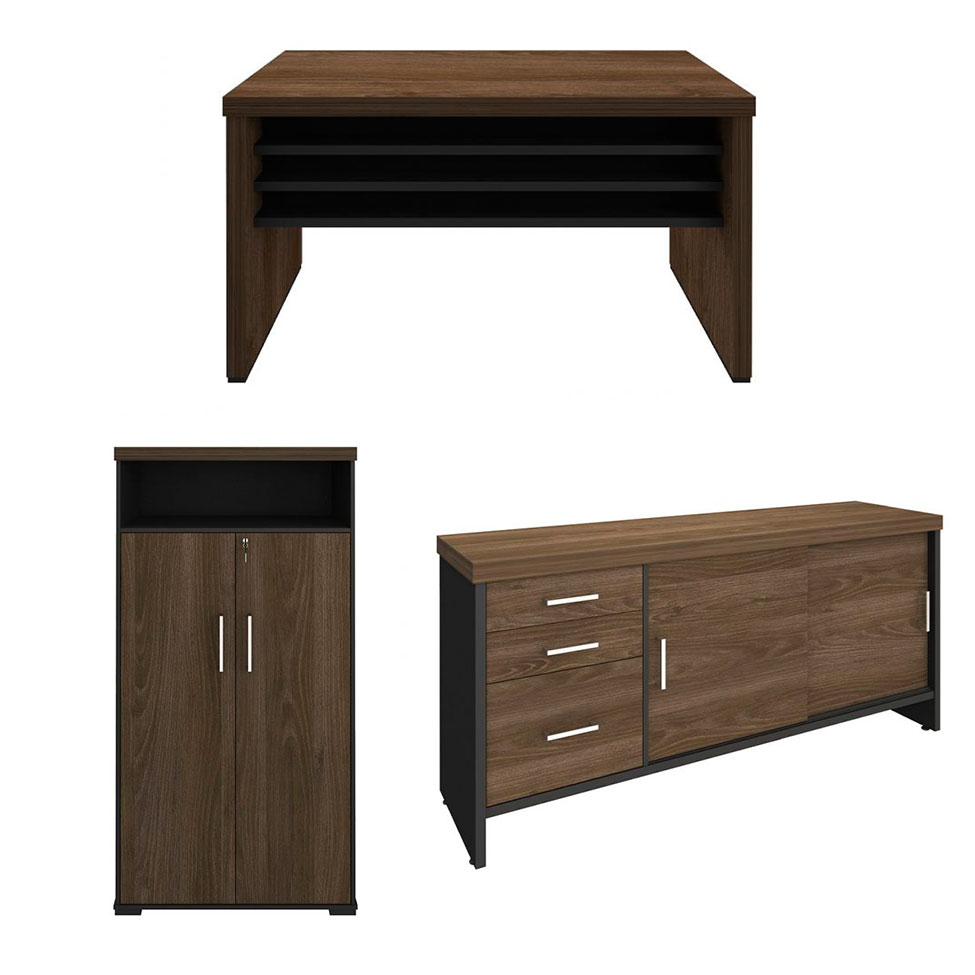 Conjunto de Mesa com 2 Armários de Escritório Executiva 4 PT 3 GV Marrom e Preto