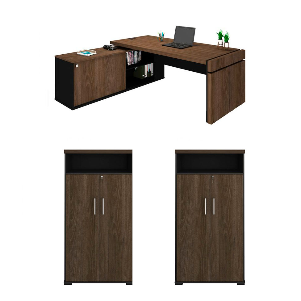 Conjunto de Mesa com 2 Armários de Escritório Executivo 5 PT Marrom e Preto