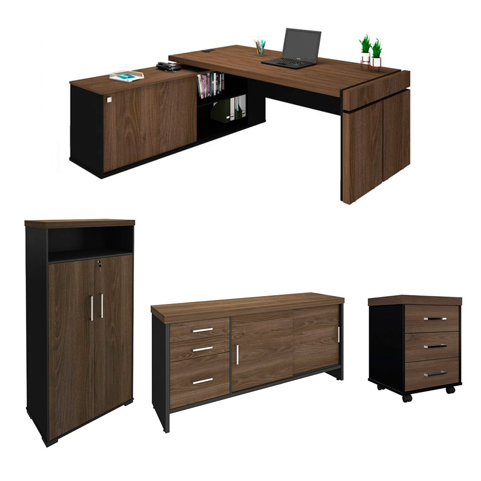 Conjunto de Mesa com 2 Armários de Escritório e Gaveteiro Executivo 5 PT 6 GV Marrom e Preto