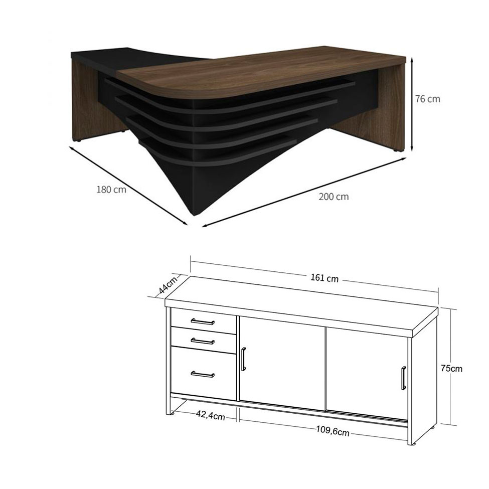 Conjunto de Mesa com Armário de Escritório Executiva 2 PT 3 GV Marrom e Preto