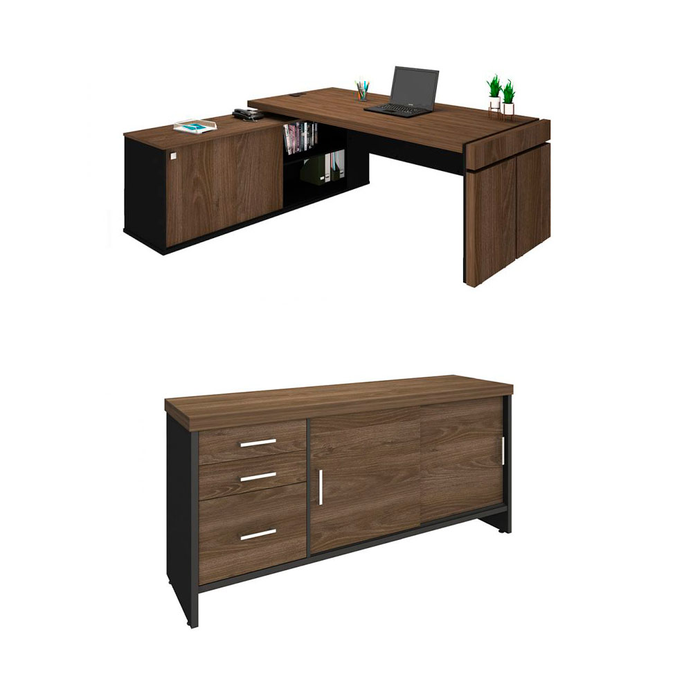 Conjunto de Mesa com Armário de Escritório Executivo 3 PT 3 GV Marrom e Preto