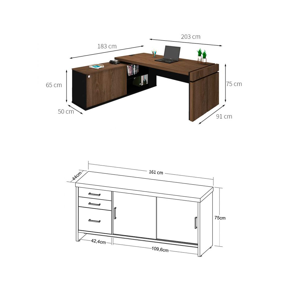 Conjunto de Mesa com Armário de Escritório Executivo 3 PT 3 GV Marrom e Preto
