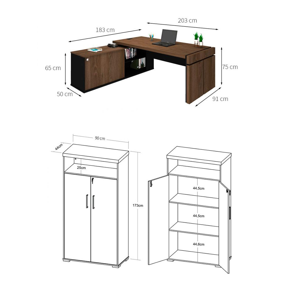 Conjunto de Mesa com Armário de Escritório Executivo 3 PT Marrom e Preto