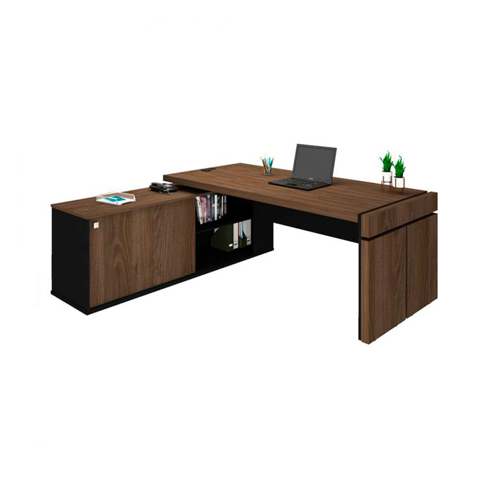 Conjunto de Mesa com Armário de Escritório Executivo 3 PT Marrom e Preto