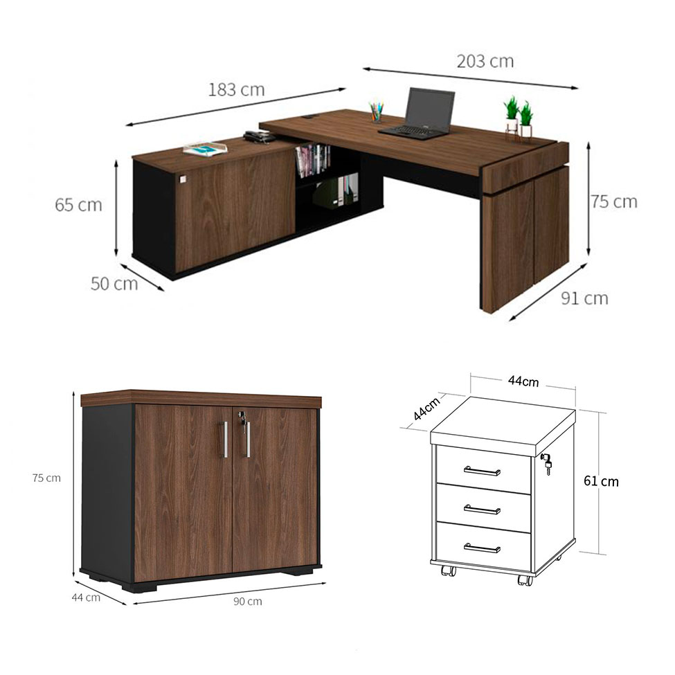 Conjunto de Mesa com Armário de Escritório e Gaveteiro Executivo 3 PT 3 GV Marrom e Preto