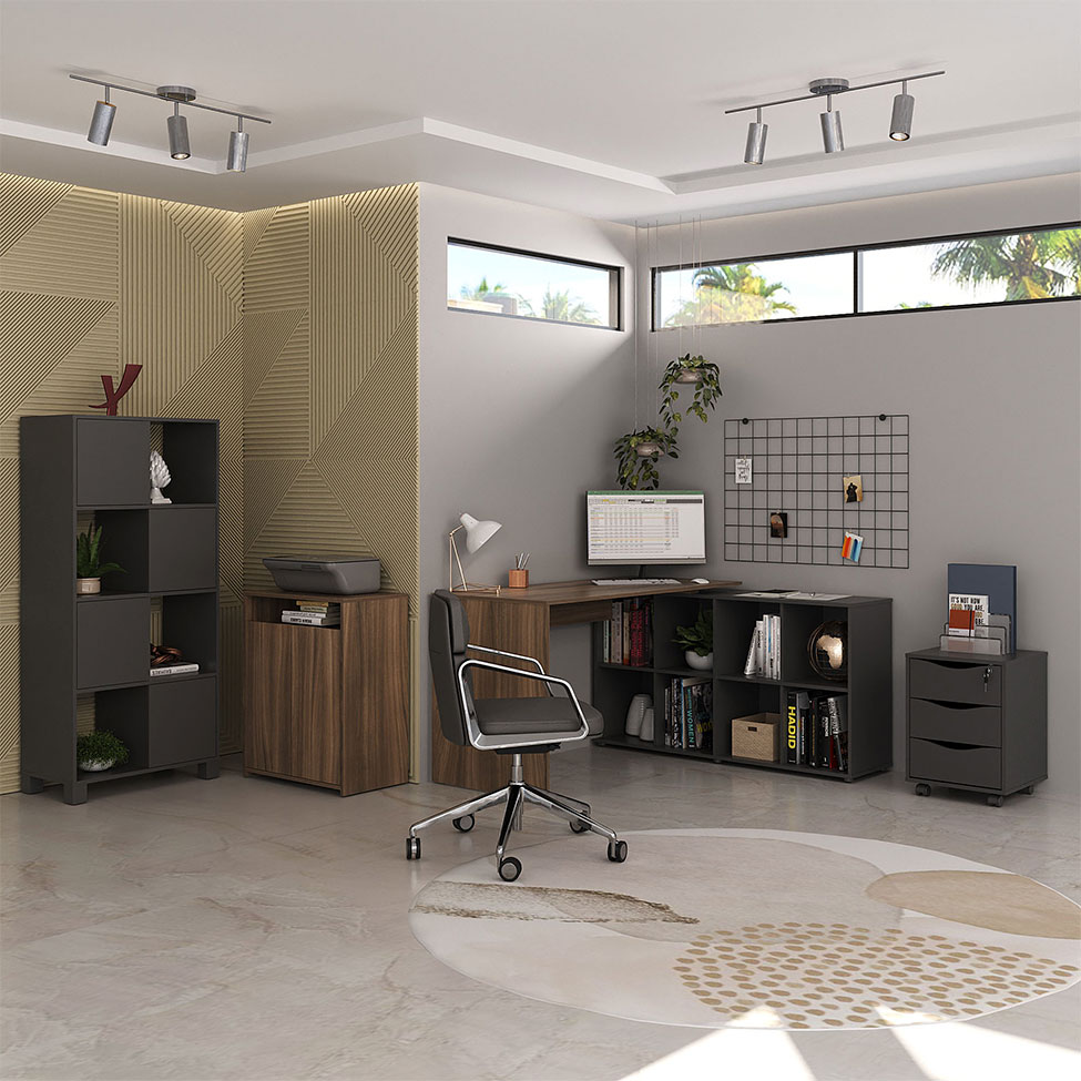 Conjunto de Mesa com Armário de Escritório, Estante e Gaveteiro 6 PT 3 GV Nero Cool Wally Face Preto e Ipê