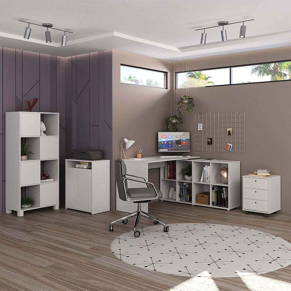 Conjunto de Mesa com Armário de Escritório, Estante e Gaveteiro 6 PT 3 GV Nero Cool Wally New Branco