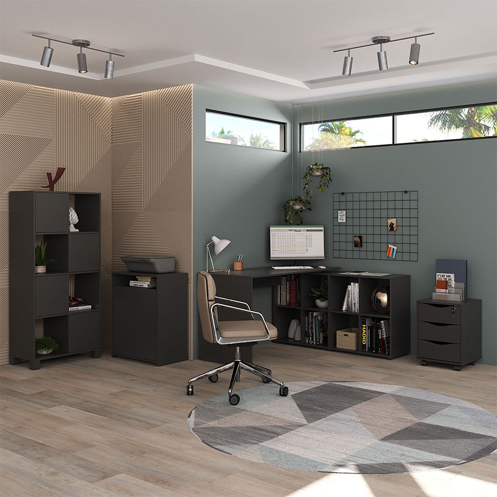 Conjunto de Mesa com Armário de Escritório, Estante e Gaveteiro 6 PT 3 GV Nero Cool Wally New Preto
